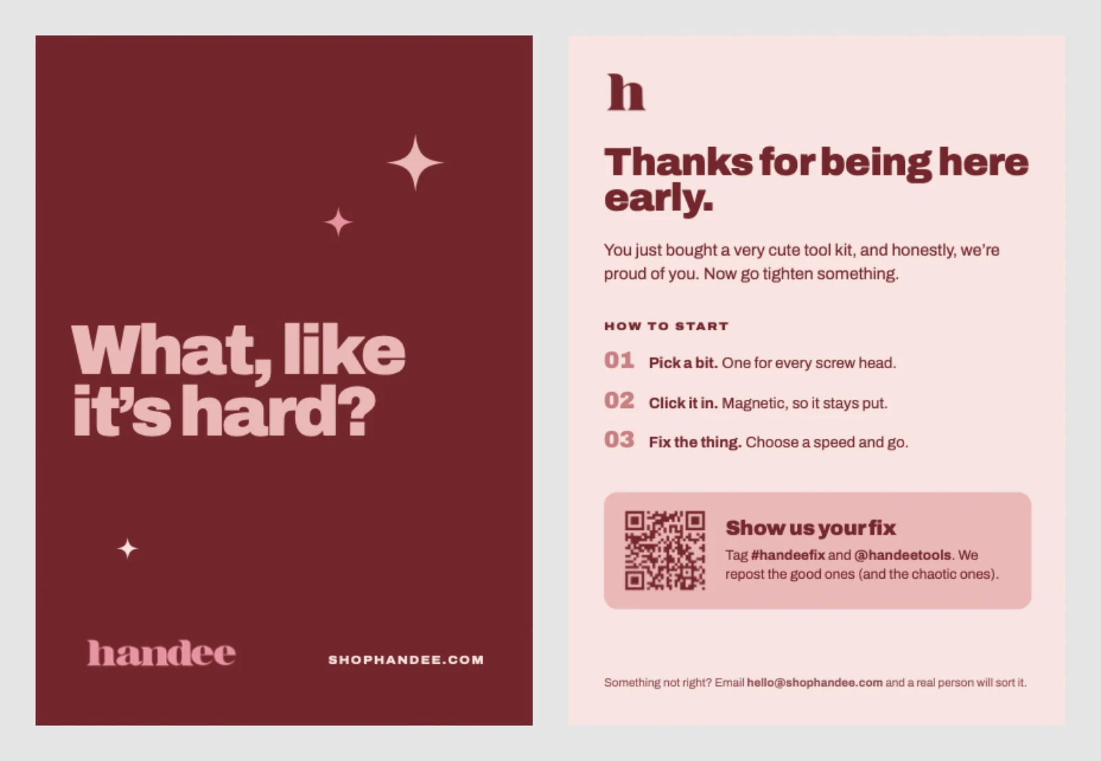 The insert card, front and back, with the three steps and a QR code