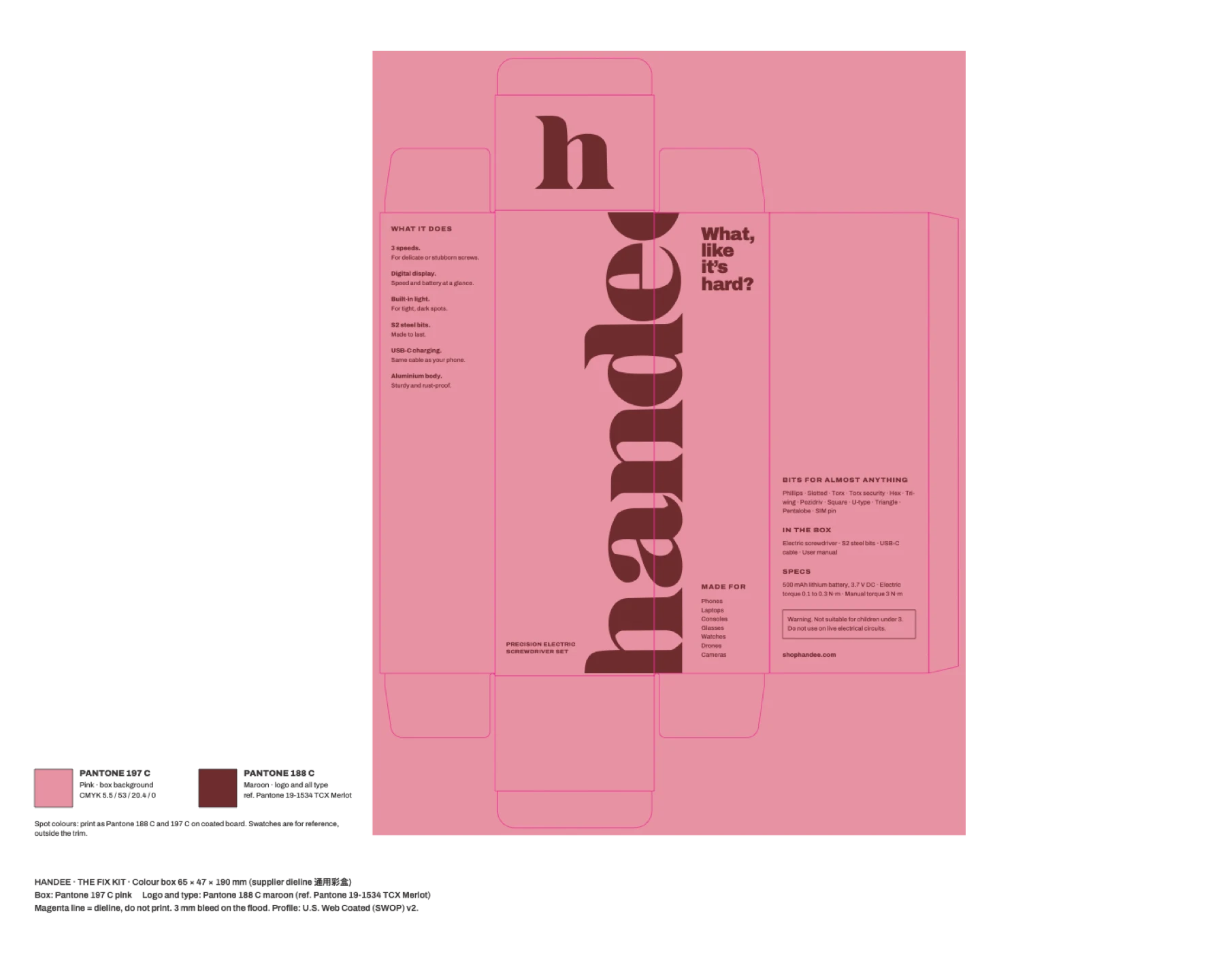 The print-ready artwork: dieline, spot colours and specifications