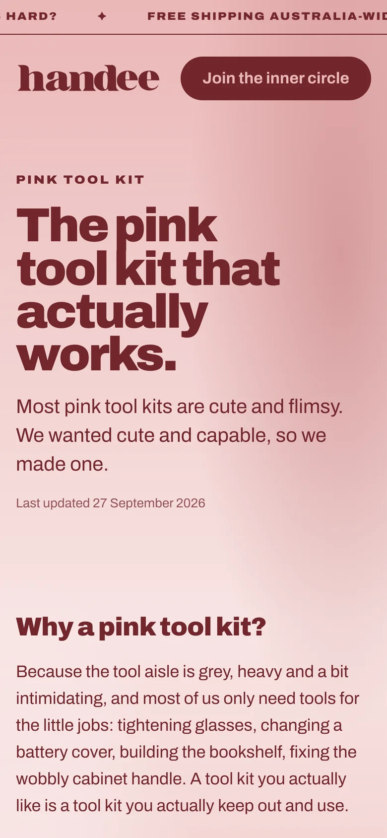 The pink tool kit page on mobile