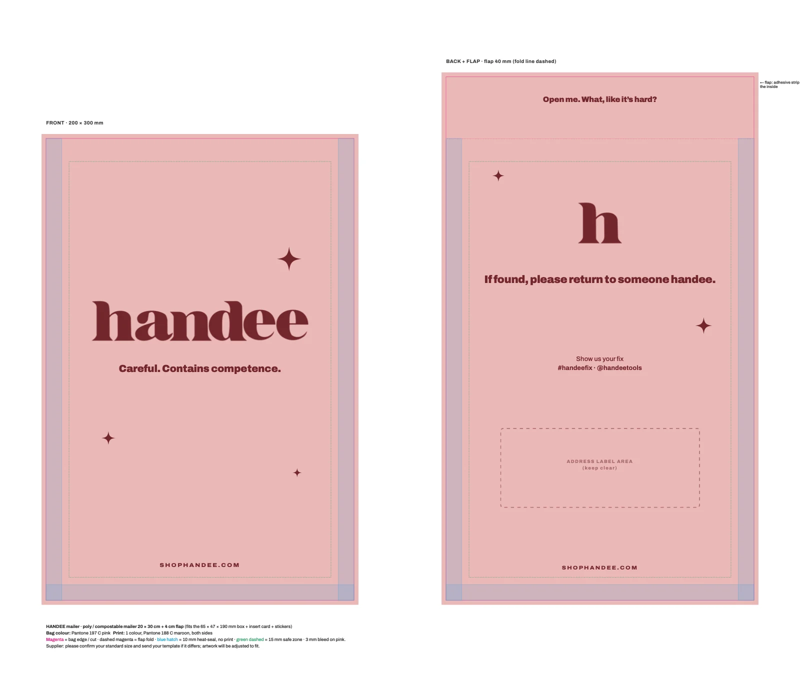 The mailer artwork flat, with the print specification