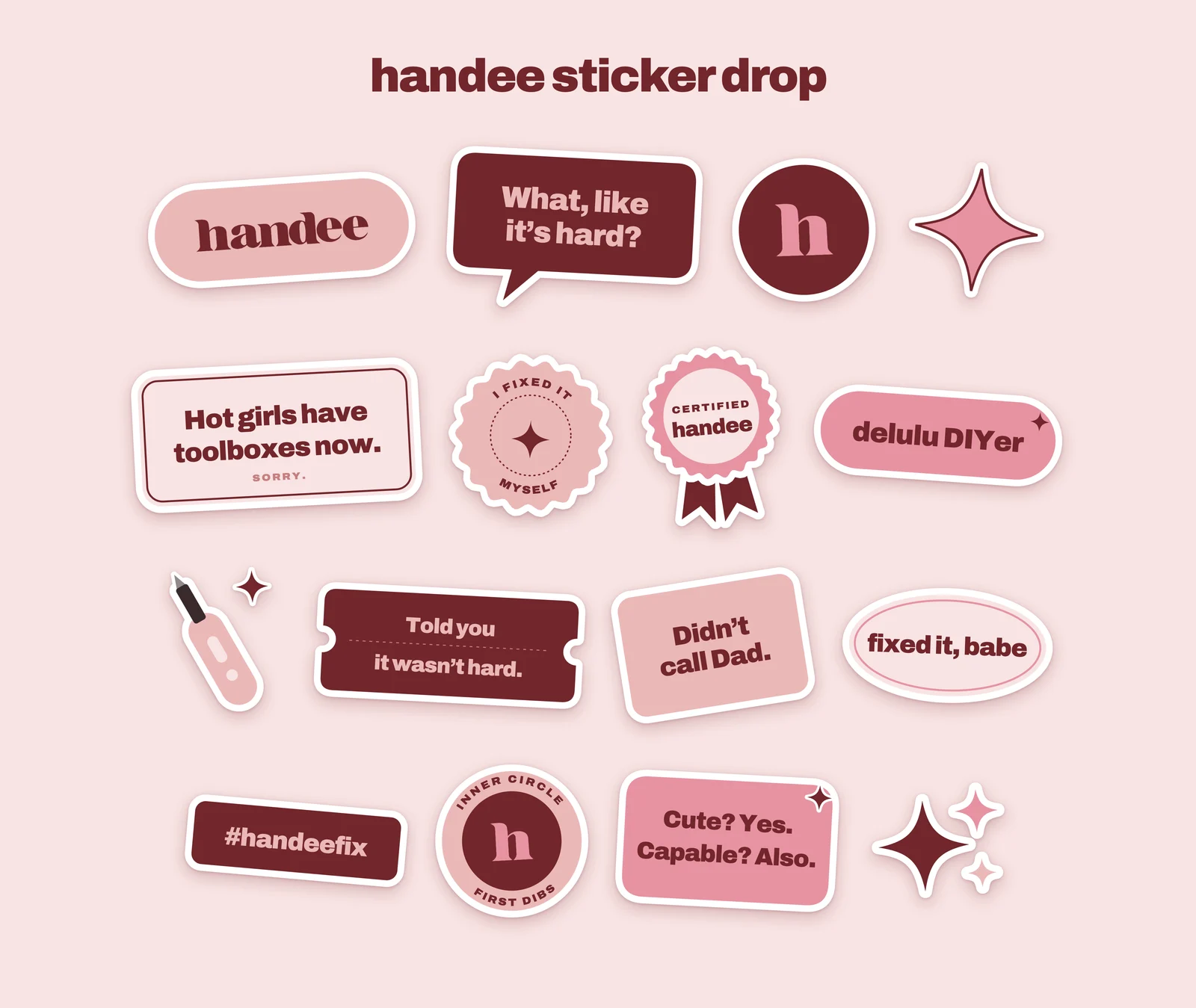The sticker drop: sixteen stickers, from the wordmark to Didn’t call Dad