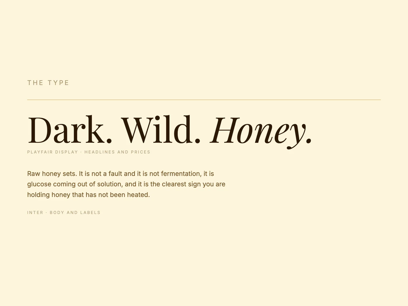 The type: Playfair Display for headlines, Inter for body