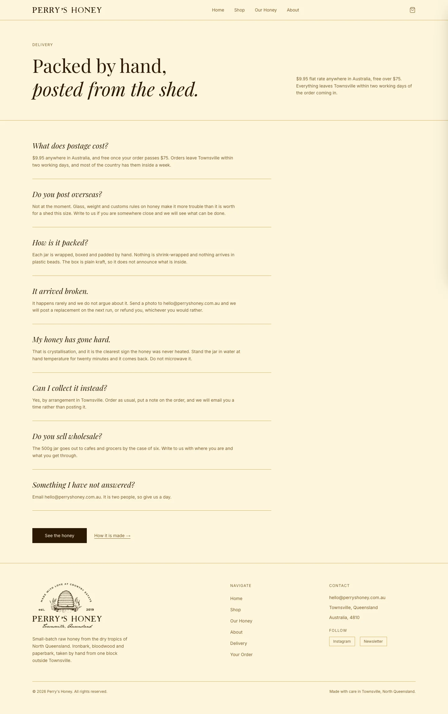 Perry's Honey delivery and questions page
