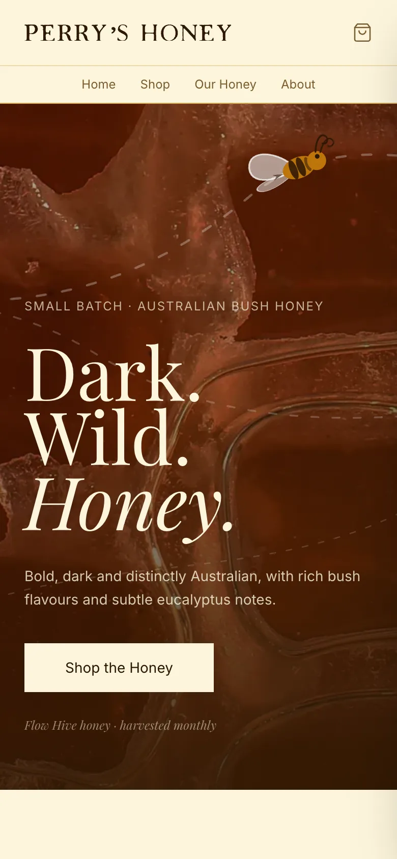Perry's Honey home page on mobile