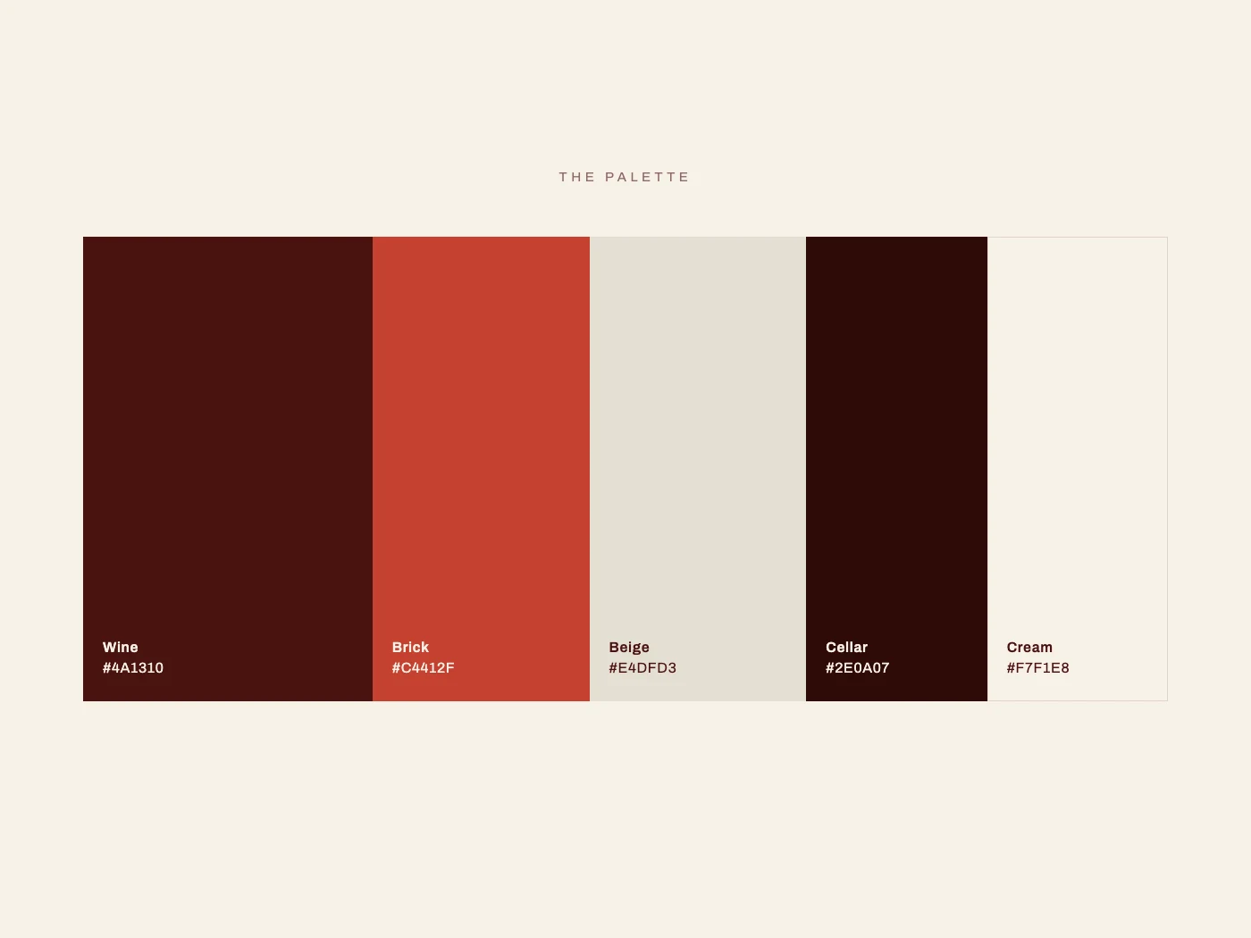 The palette: wine, brick, beige, cellar and cream