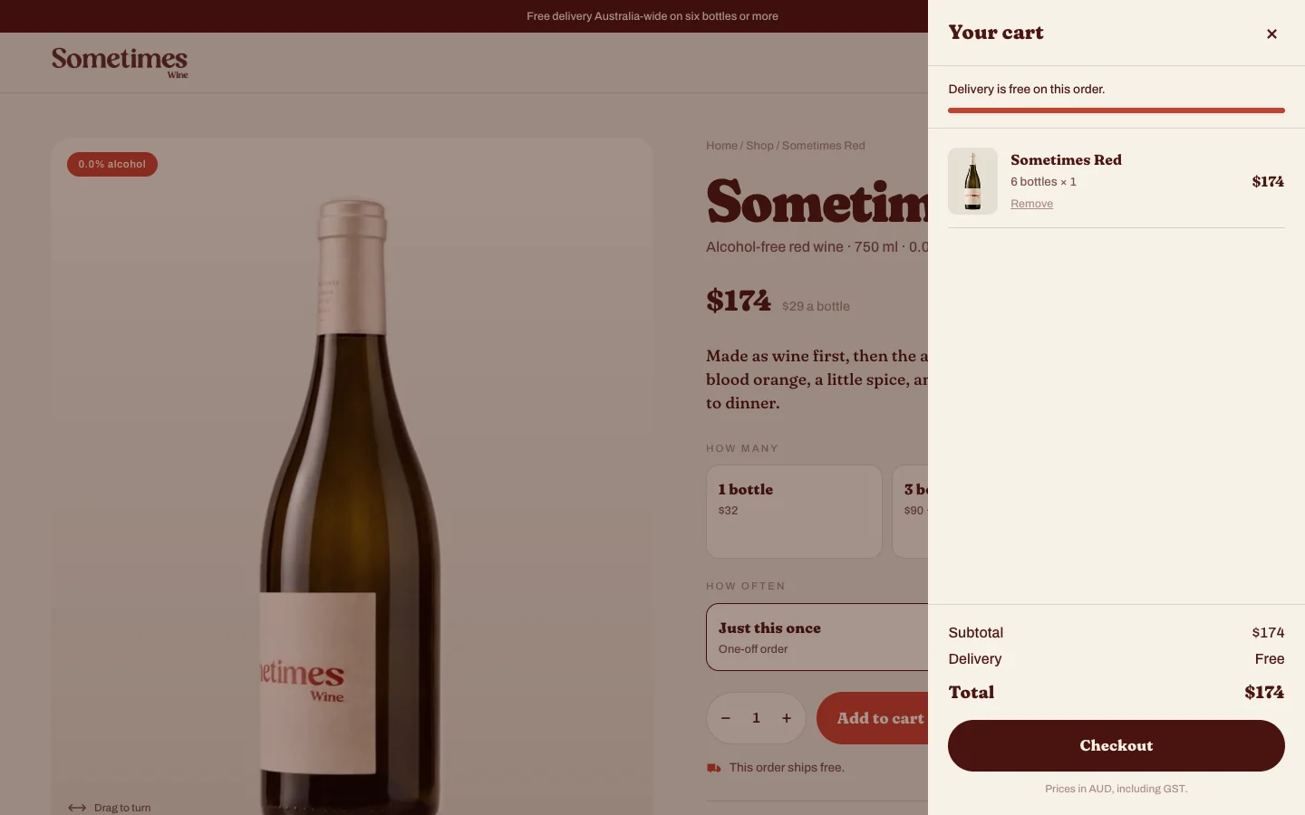 The cart, with free delivery unlocked at six bottles