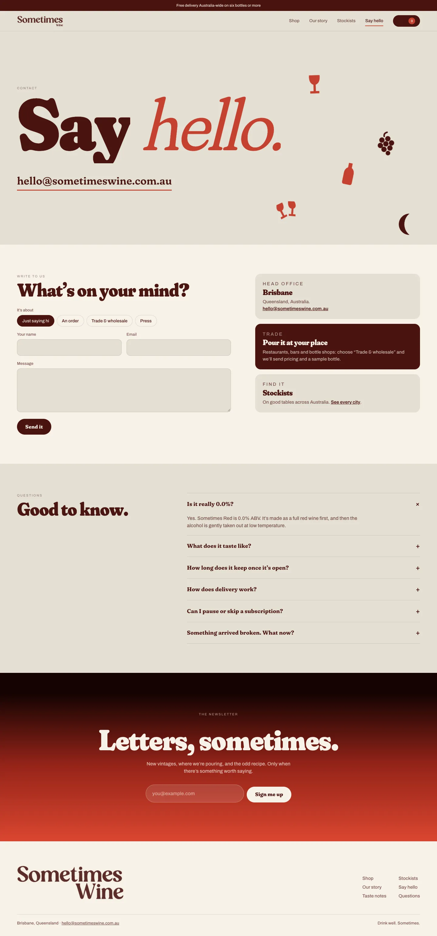 Say hello page, with the contact form, questions and newsletter