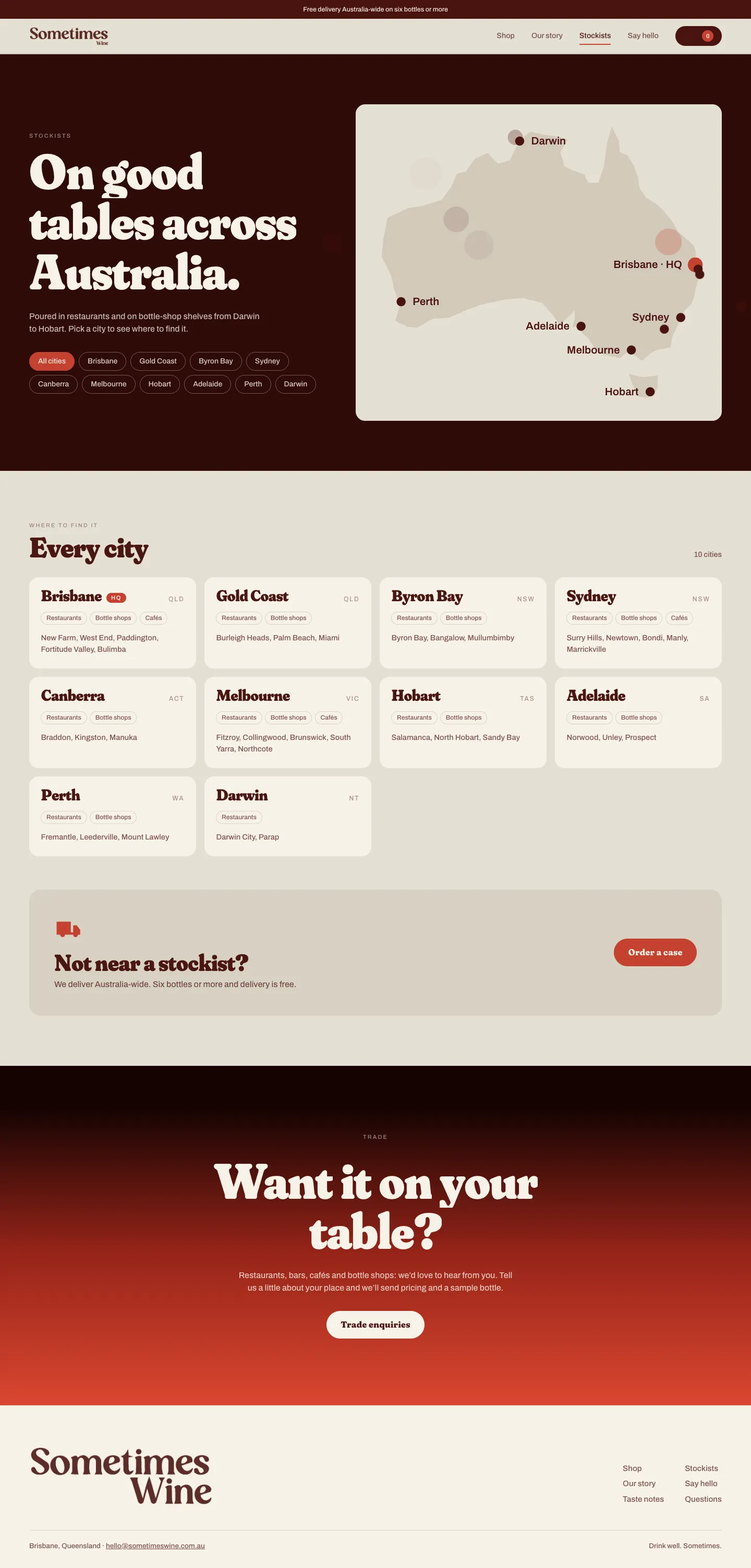 Stockists page, with a map of Australia and a city filter